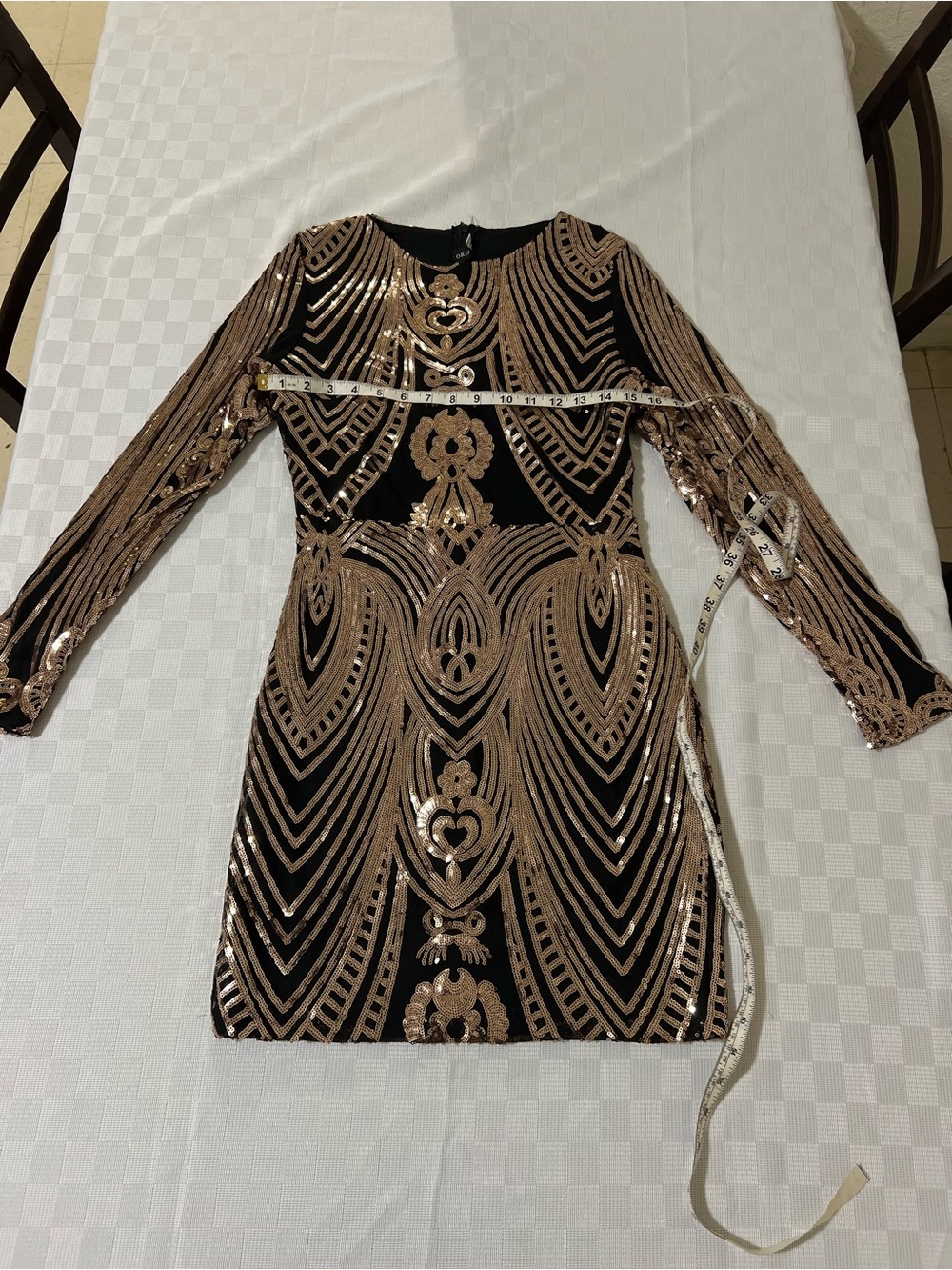 Black Mini Dress with Rose Gold Sequin Detail - Long Sleeve Party Dress - Picture 3 of 7